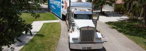 Long distance moving truck parked for a residential home move across state lines