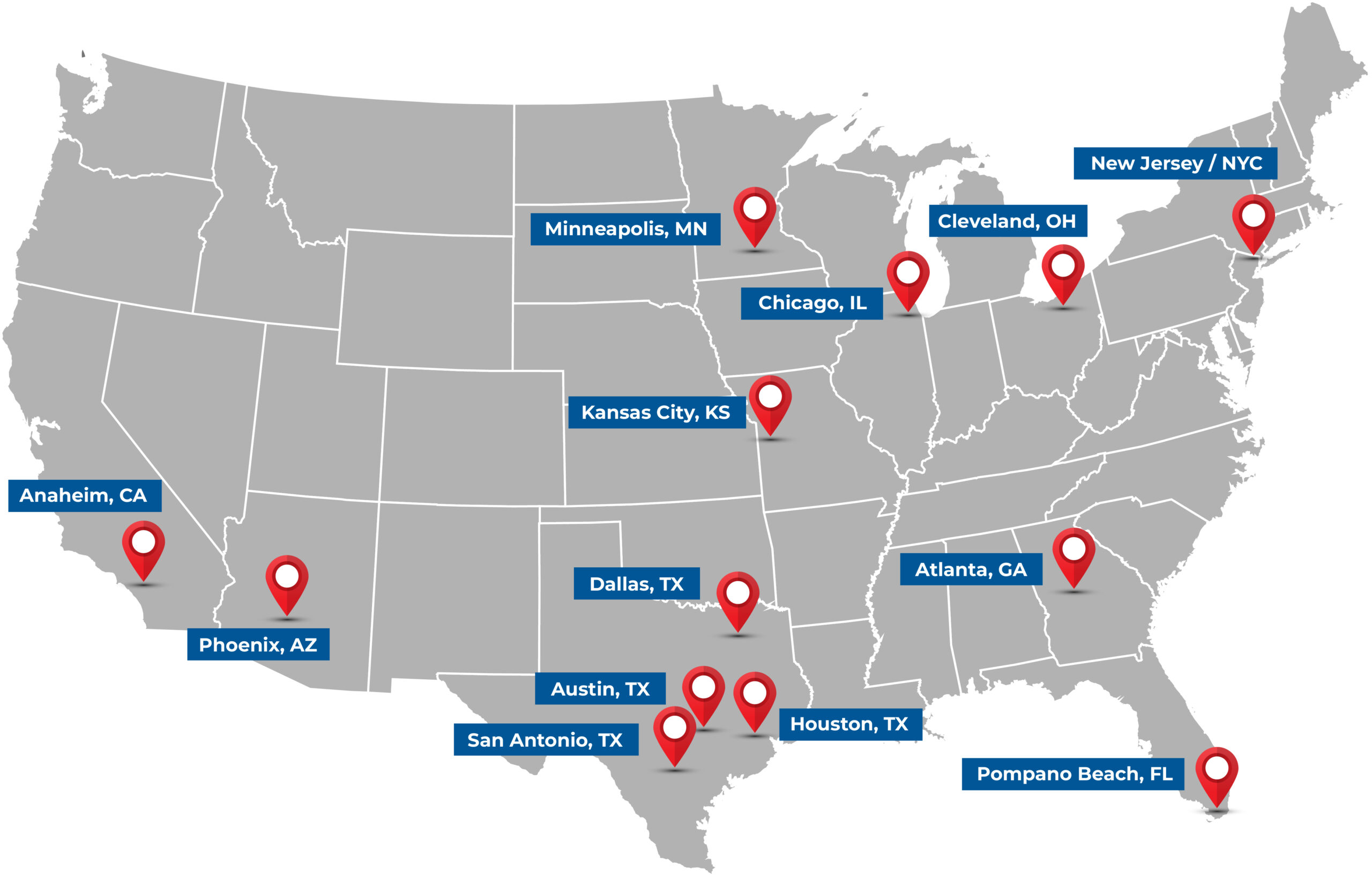 Map of the United States with cities marked by red location pins and blue labels.